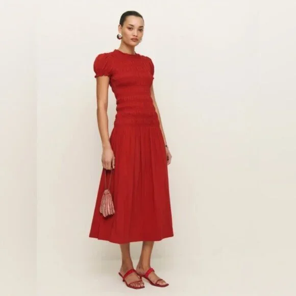 NEW Reformation Kiria Midi Drop Waist Short Sleeve Dress Lipstick Red | size 0 - Picture 2 of 14